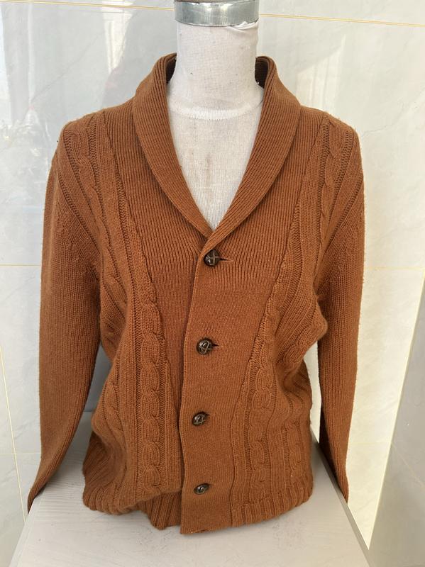 Orange Yellow Lapel Collar Cable-Knit Women's All-Wool Sweater Cardigan
