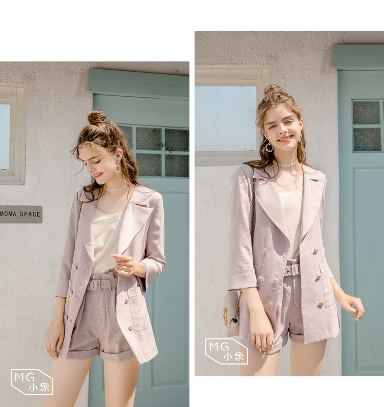 MG voi giản dị áo khoác nữ mùa xuân 2019 mới cao eo giảm béo quần short lỏng chic chic áo khoác