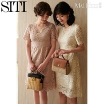 siti lace dress female v collar temperament Medium-length dress hollow short sleeve waist spring dress 2021 new summer