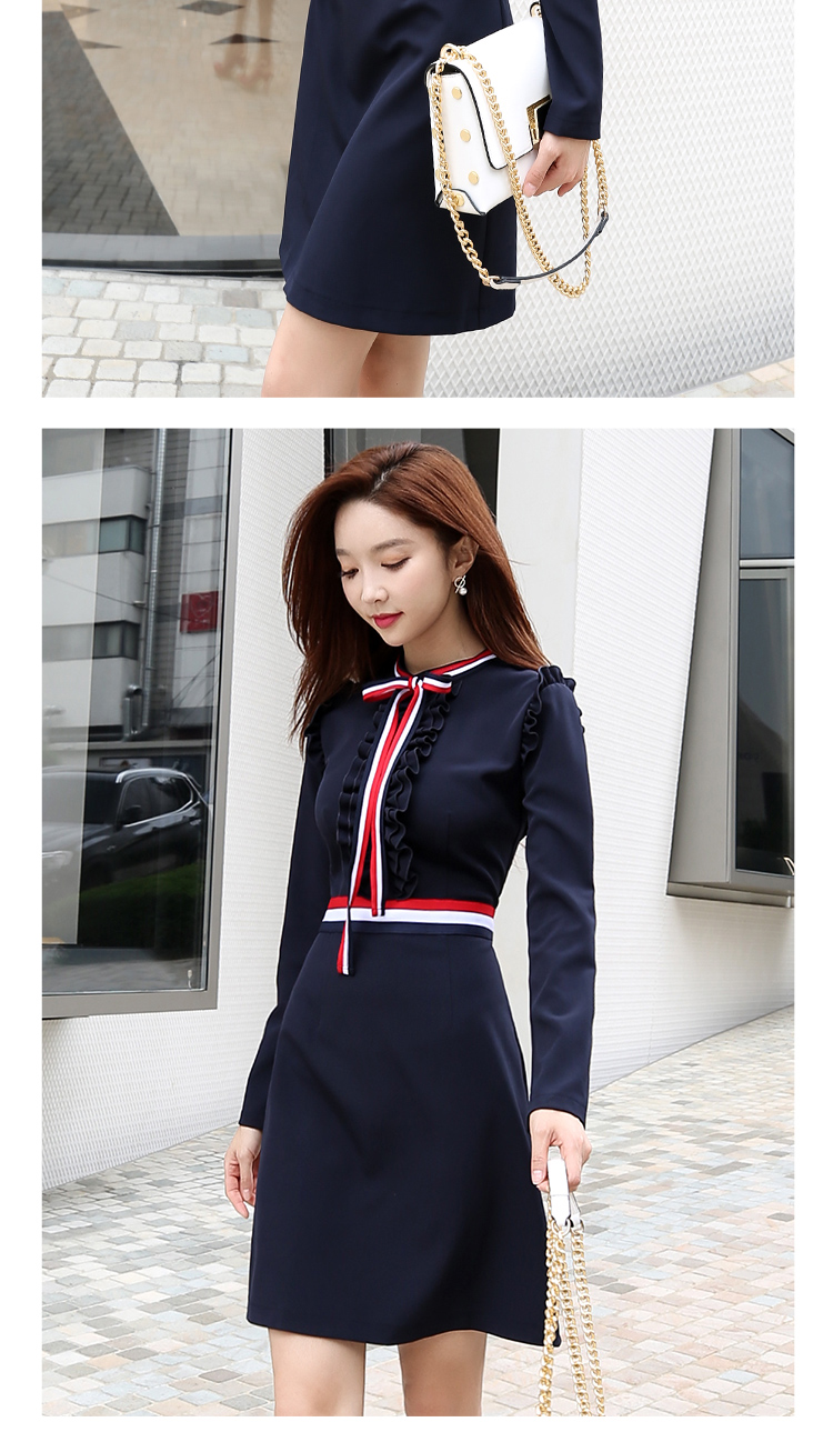Hồng Dabu Búp Bê Mùa Thu Mới của Hàn Quốc tính khí Slim Bow Dài Tay Eo Váy A-line váy váy xòe