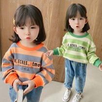  Girls  sweaters spring and autumn 2020 new childrens Korean striped pullover womens baby autumn super western style top