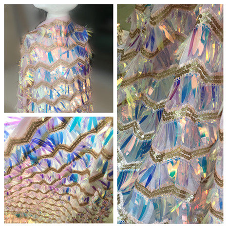 New Phantom Pink Champagne Wavy Tassel Sequin Fabric Swordpiece Sequin Embroidered Dance Dress Fabric