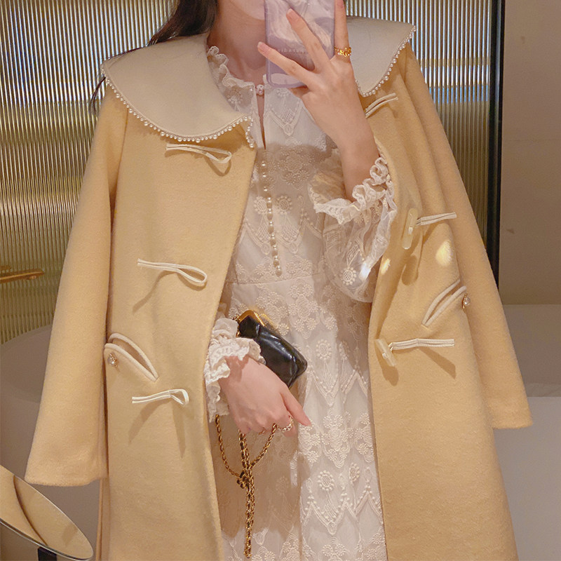 Sticky rice Home Yellow fur coats Women's medium long version 2022 Spring and autumn handmade nail beaded double face cashmere Grand coat