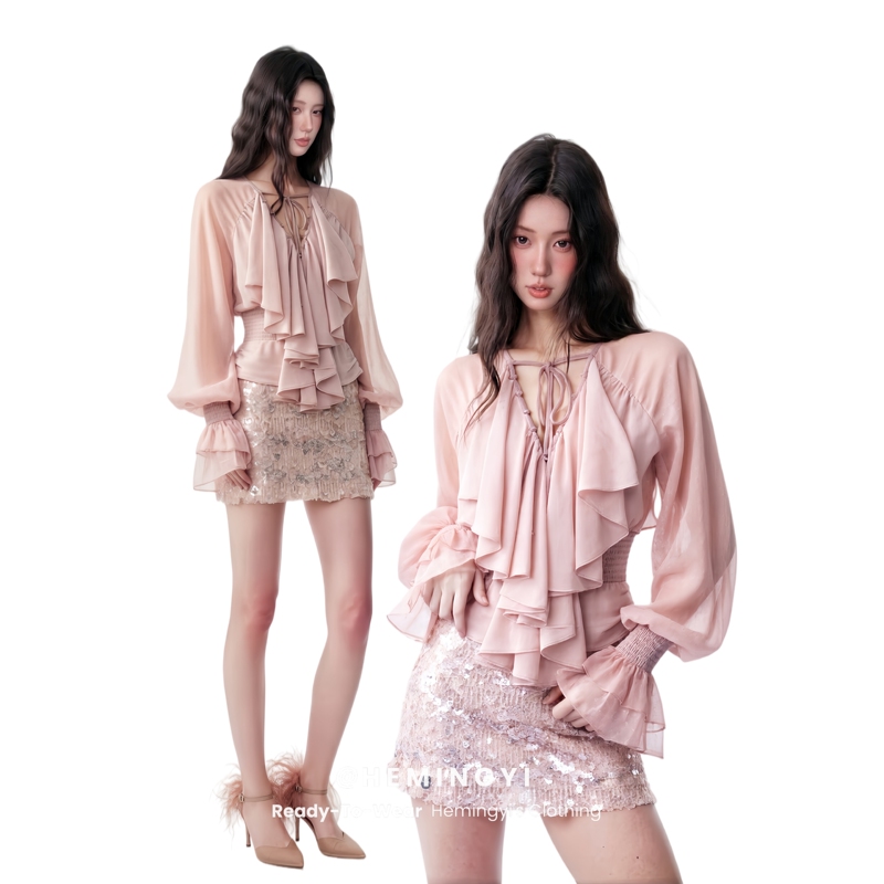 In Stock Hmy French-Style Gentle Ruffle V-Neck Lantern Sleeve Chiffon Waist-Cinching Shirt Top Sequin Mid-Waist Skirt In Stock Hmy French-Style Gentle Ruffle V-Neck Lantern Sleeve Chiffon Waist-Cinching Shirt Top Sequin Mid-Waist Skirt