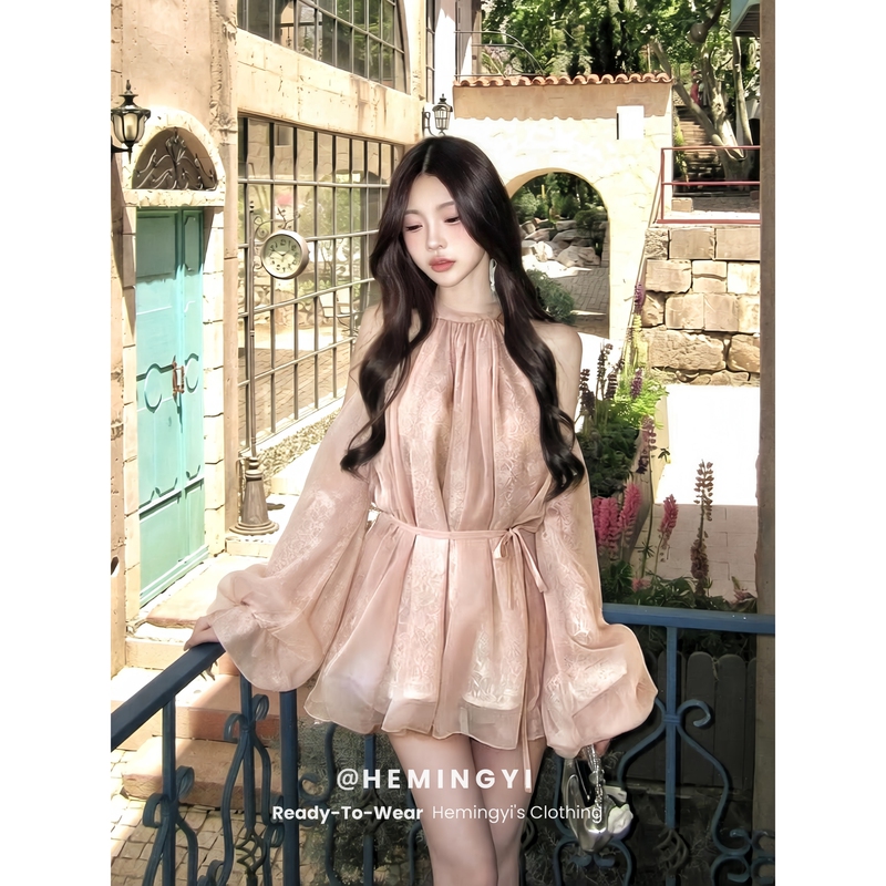 In-Stock Hemingyi Heartbeat Encounter Pure Desire Atmosphere Half-High Halter Neck Tie-Up Off-Shoulder Lantern Sleeve Blouse Top