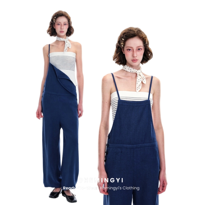 Hemingyi Summer Simple and Relaxed Patchwork Jumpsuit with Loose Leg Openings and Back Tie Suspenders