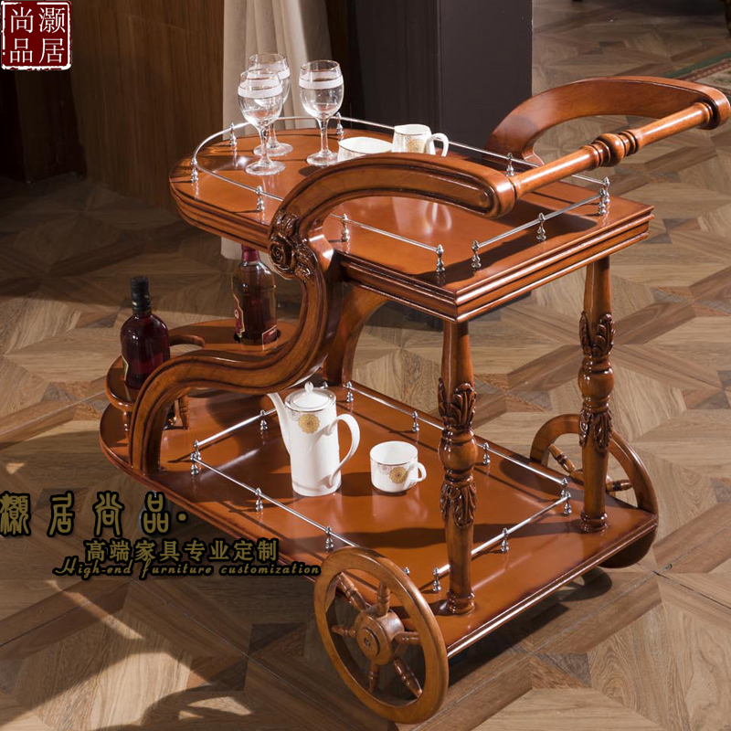 American Solid Wood Dining Car Wine Water Tankers Home High-end Retro Sculpture Flower Villa Dining Room Small Cart Preparation Dining Car Tea Waterwheel