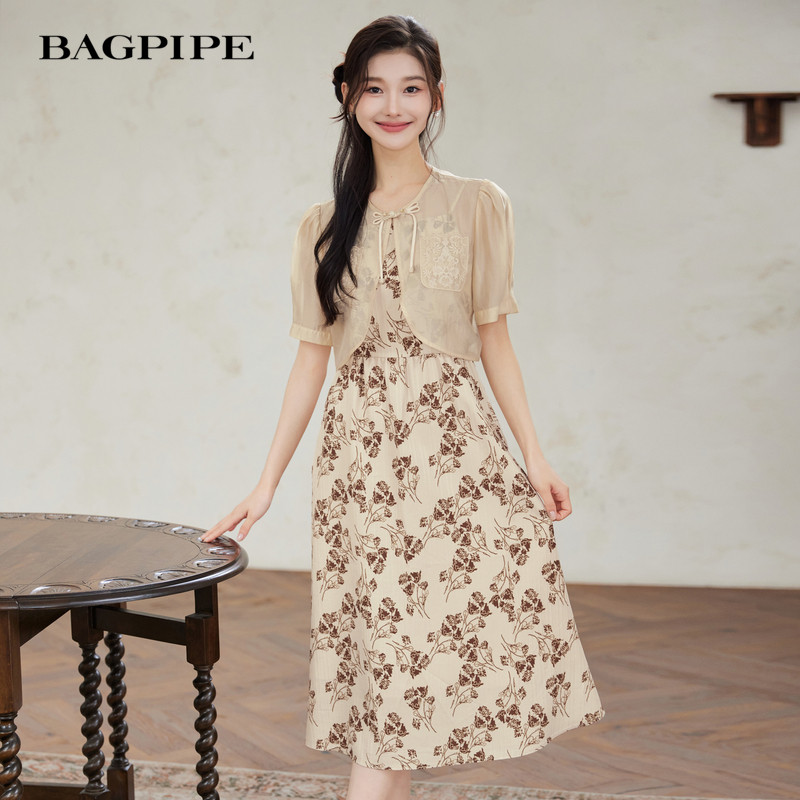 バグパイプ 2025 夏新作 中国風花柄ミディドレス レディース エレガントで万能なレトロツーピースセット