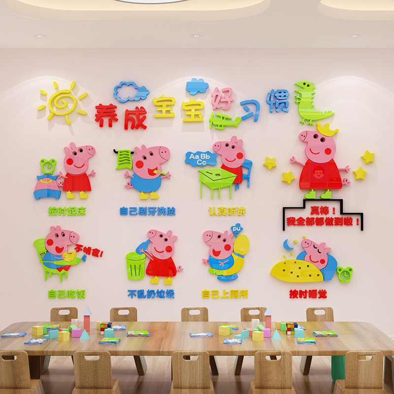 Kindergarten wall decoration form good habits Theme wall environment layout Early education class background wall stickers 3D three-dimensional