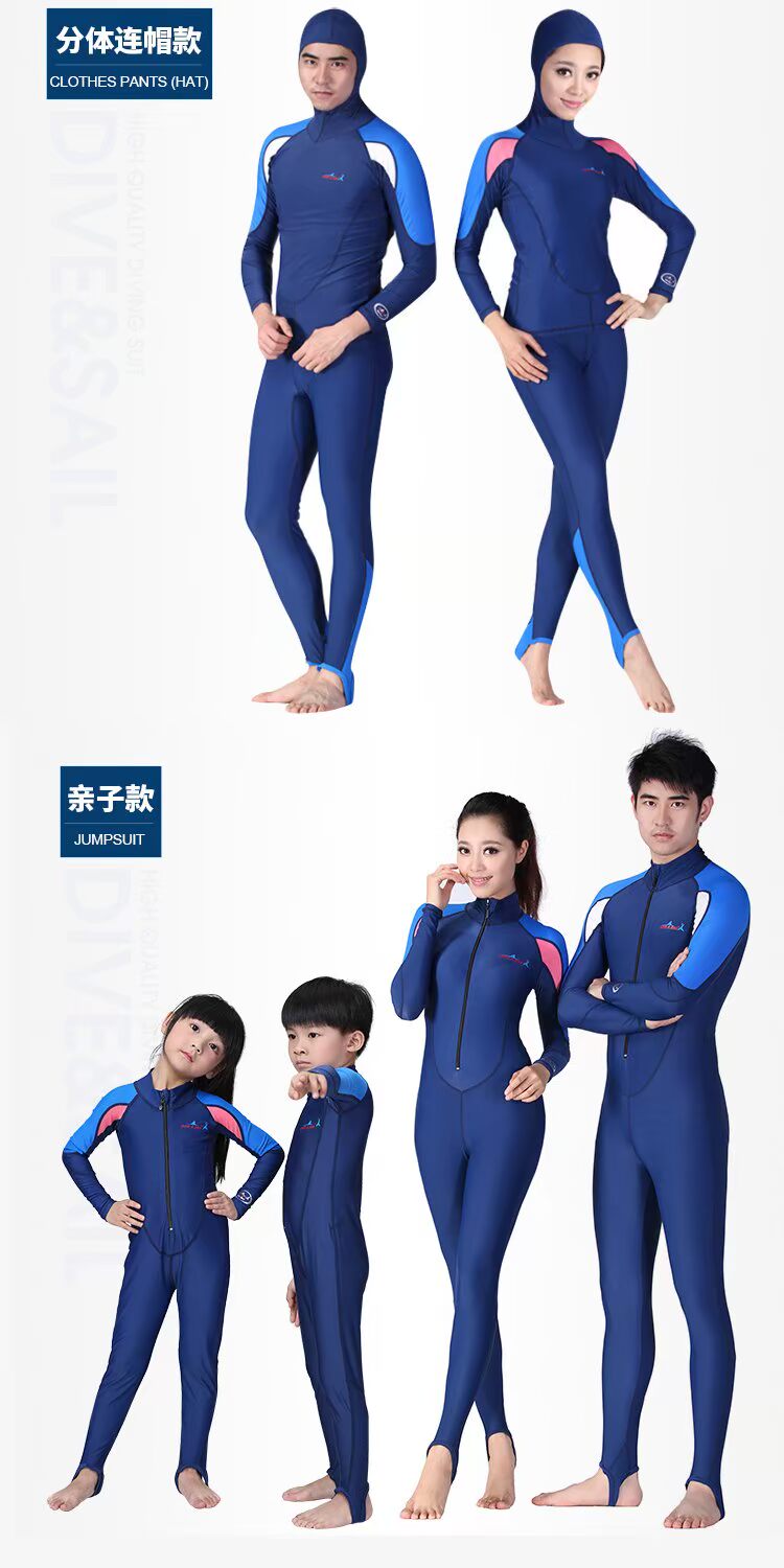 Bộ đồ lặn nam và nữ Xiêm chống nắng sứa lướt sóng cặp vợ chồng chia đôi áo tắm dài tay cha mẹ trẻ em bơi mũ trùm đầu - Vài đồ bơi 	set đồ đi biển đôi	