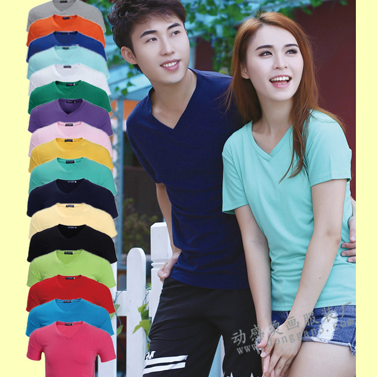 32 200 Kleika combed stretch cotton solid color V-neck short-sleeved blank T-shirt class uniform cultural shirt