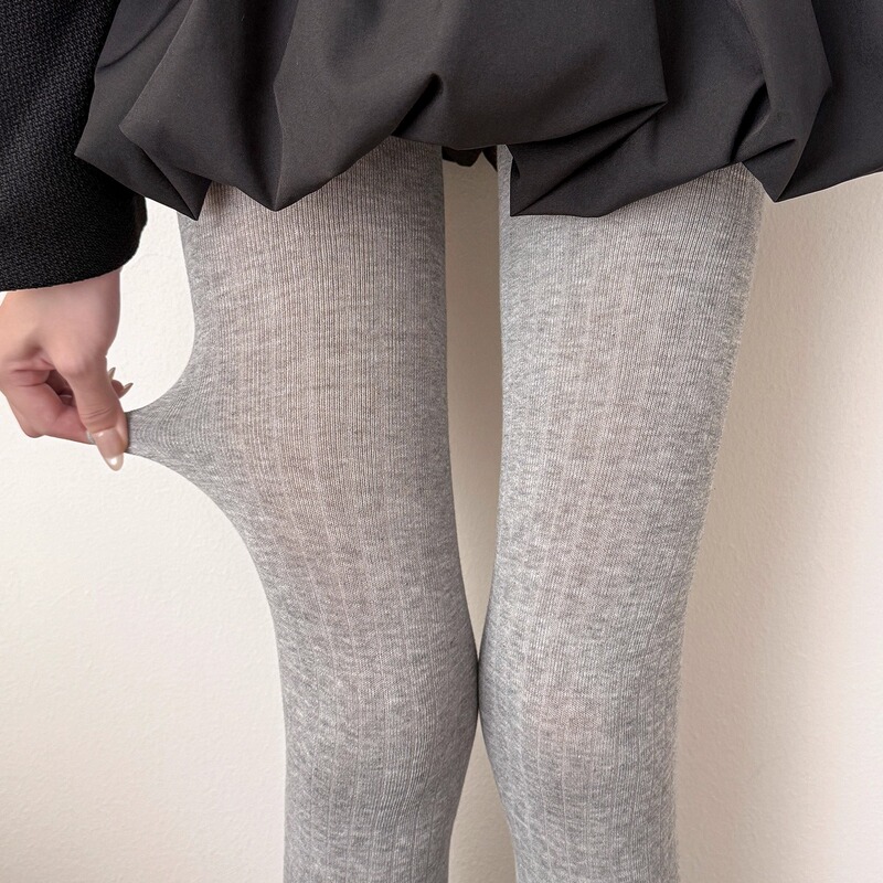 Miu Miu Style Slightly Sheer Cotton Wide Ribbed Plain Pattern Footed Pantyhose Runway Slimming Leggings