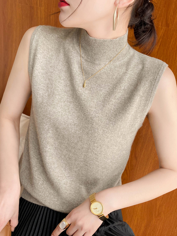 Cashmere Vest for Women, Half Turtleneck Sweater, Sleeveless, Solid Color, Slimming Inner Top, Knitted Outerwear Vest, Base Layer Shirt