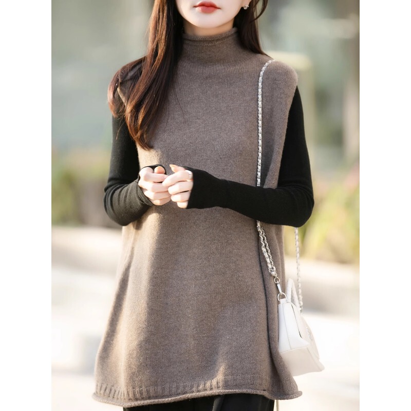 Korean Style Lazy High-Neck Sleeveless Knitted Vest for Women, Autumn and Winter Loose Mid-Length Sweater Vest Layered with Half-High Collar Korean Style Lazy High-Neck Sleeveless Knitted Vest for Women, Autumn and Winter Loose Mid-Length Sweater Vest Layered with Half-High Collar