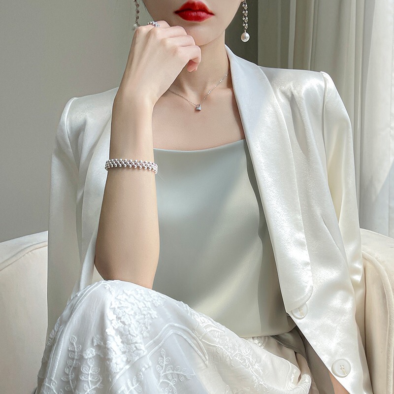 Off-The-Shoulder Women's Camisole Summer Suit Inner Layer Satin Silk Vest Jacquard Acetate Silk White Top