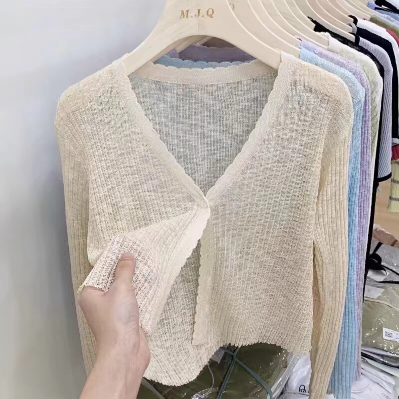 Knitted Ice Silk Cardigan, Short Style, Long-Sleeved, Suitable for Summer, Spring and Autumn, Can Be Worn as an Air-Conditioning Shirt, Sun Protection Clothing, Small Shawl, Top, Women's Cover-Up