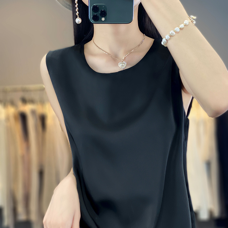 High-End Sleeveless Dress, Silk Wide-Shoulder Little Black Dress, Straight Skirt, Mid-Length Acetate Satin Slip Dress