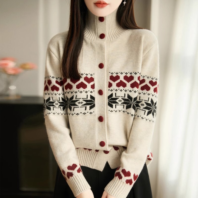 Lazy Style, Western Style, High-Neck Buttoned Knitted Cardigan for Women, Beige Snowflake Jacquard Sweater, Super Nice-Looking Sweater for Christmas