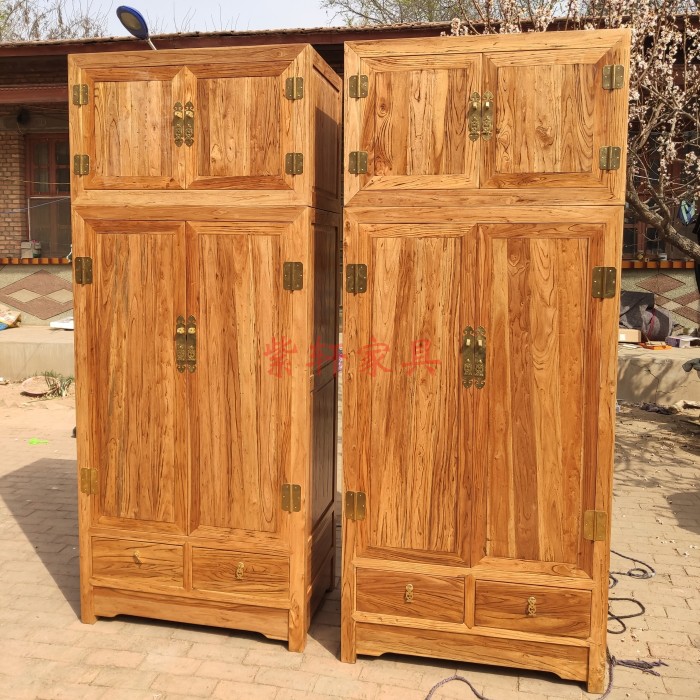 Old Elm Solid Wood Surface Wardrobe Wardrobe Wardrobe Cocket Top Cabinet Two-door and Four-door Bedroom Household Classic