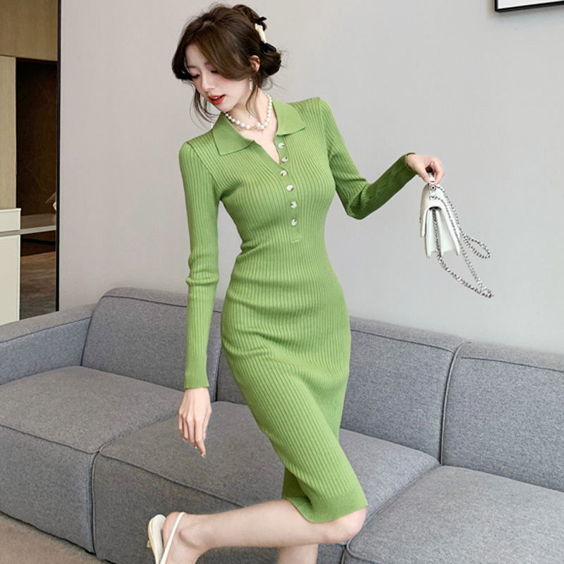 Knitted Dress for Women, Autumn and Winter, Polo Button, Elegant, Slim Fit, Long Sweater Dress to Wear with a Coat