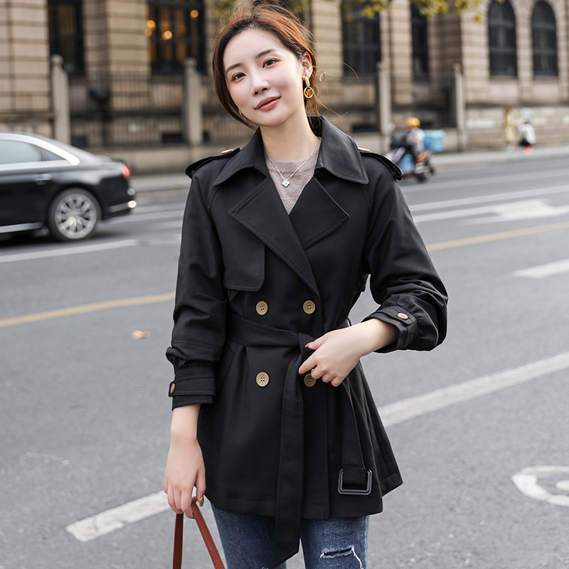 2022 new spring and autumn windbreaker women's short style small man early autumn popular black double-breasted coat this year