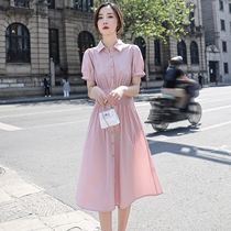 2022 skirt summer new polo shirt v-neck popular tall Hong Kong flavor retro chic pink dress