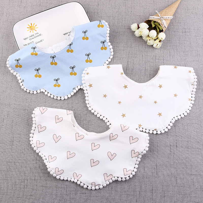 ins Soft cotton baby bib 360 degree rotating round bib Snap button Female baby lace saliva bib