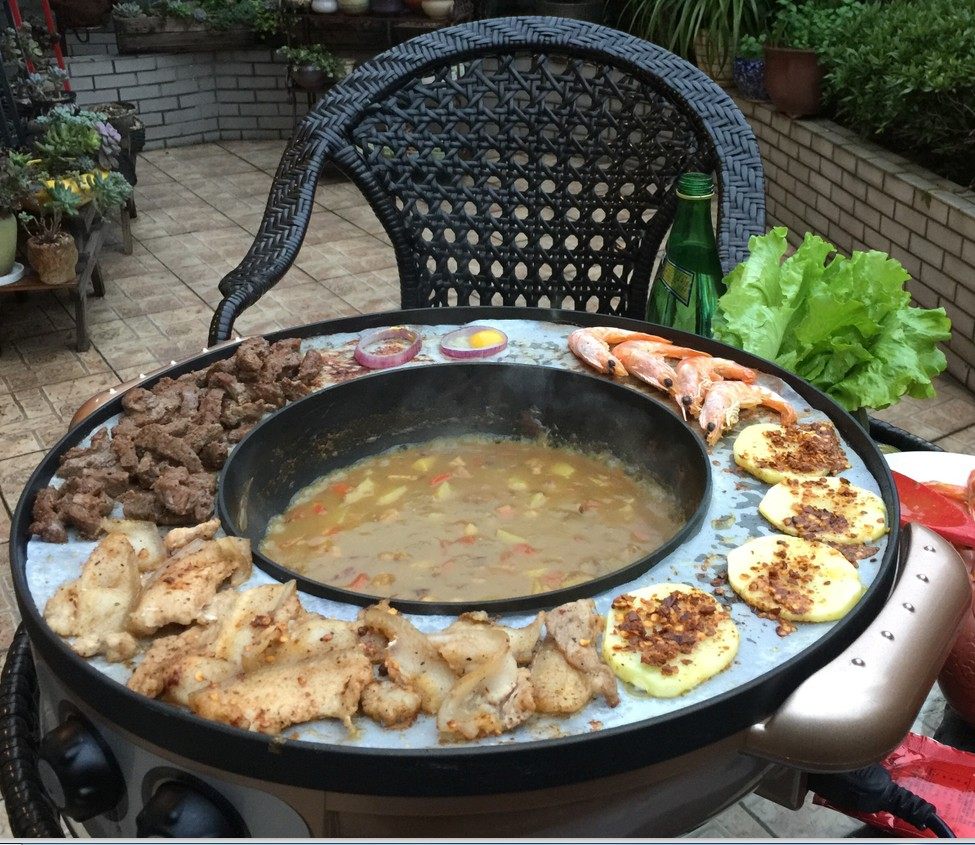 Large electric grill home electric grill smokeless non-stick grill machine multi-function shabu-shabu one pot Mandarin duck hot pot