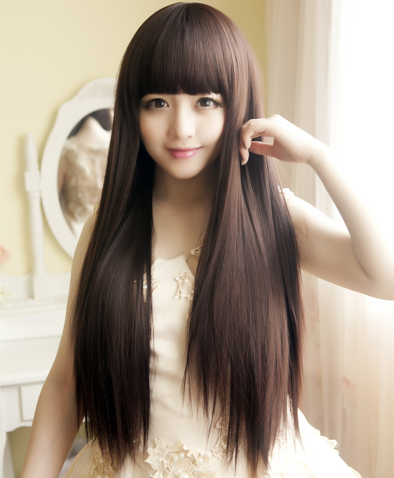 Wig Woman Long Wig Set Long Hair Long Straight Hair Long Wig Straight Hair Trim Face Lady Wig Natural