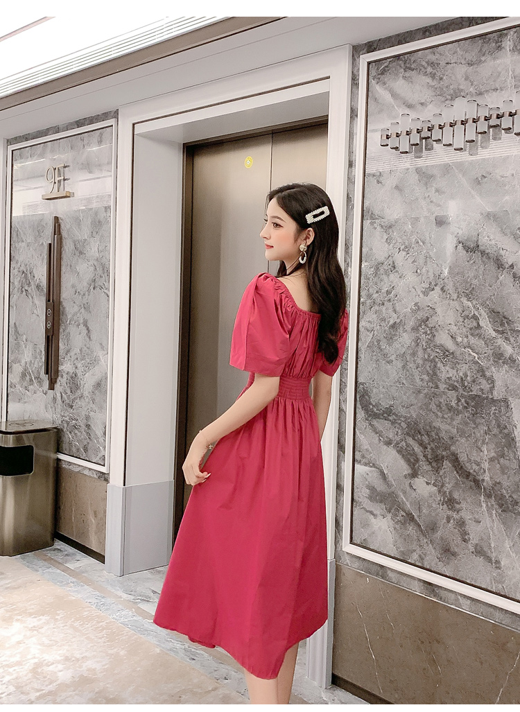 VK旗艦店 韓系時尚復古牛油果綠色淑女長版短袖洋裝