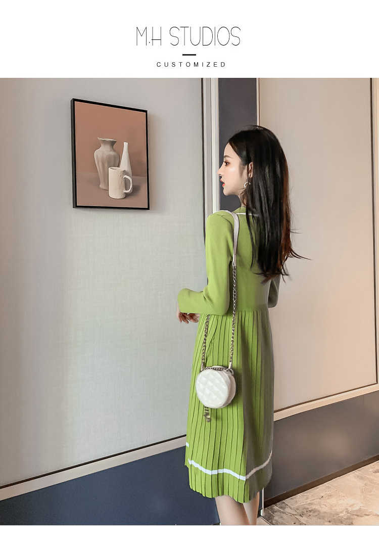 VK旗艦店 韓系西裝領收腰小香風百褶針織長袖洋裝