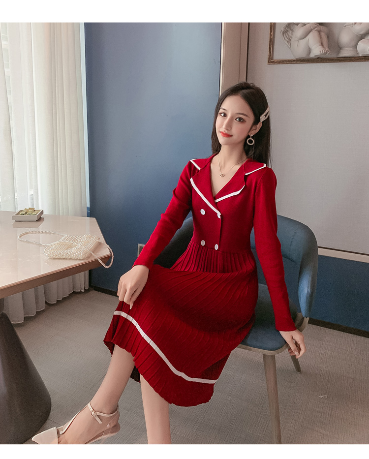 VK旗艦店 韓系西裝領收腰小香風百褶針織長袖洋裝