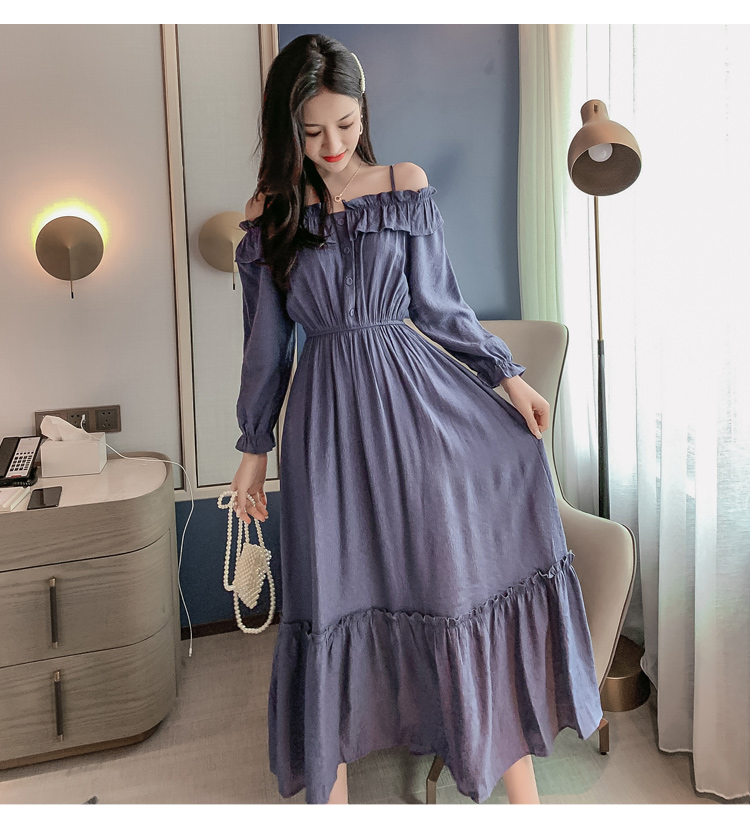 VK旗艦店 韓系超仙細肩帶一字領收腰長版顯瘦長袖洋裝