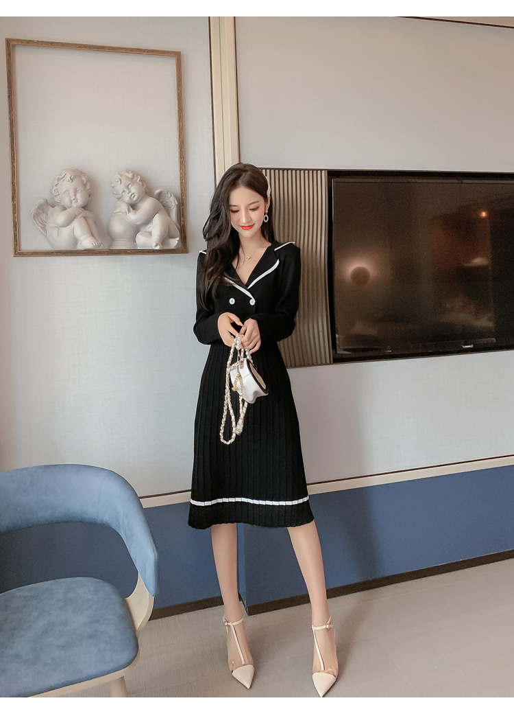 VK旗艦店 韓系西裝領收腰小香風百褶針織長袖洋裝