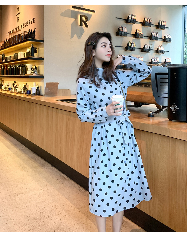 VK旗艦店 韓國風時尚波點顯瘦雪紡長袖洋裝