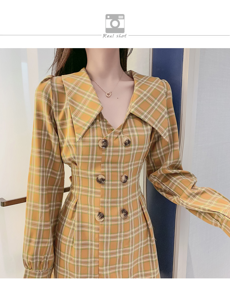 VK旗艦店 韓系西裝V領雙排扣收腰格子西裝短版長袖洋裝