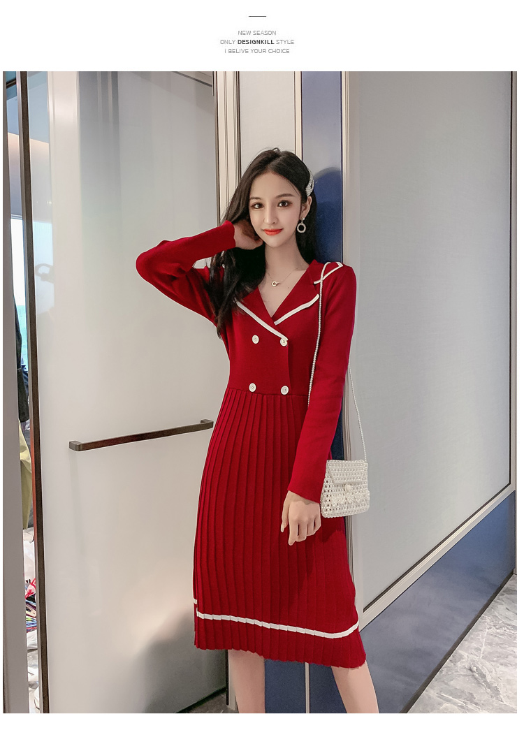 VK旗艦店 韓系西裝領收腰小香風百褶針織長袖洋裝