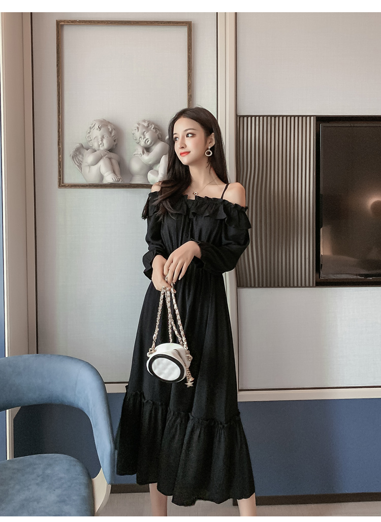 VK旗艦店 韓系超仙細肩帶一字領收腰長版顯瘦長袖洋裝