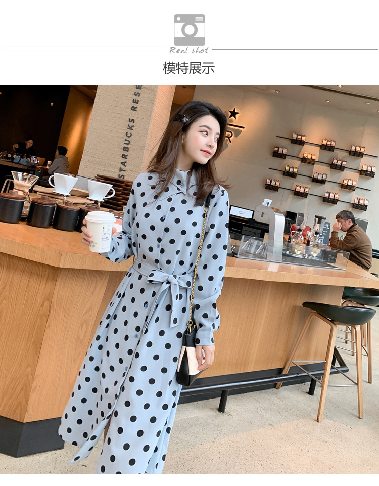 VK旗艦店 韓國風時尚波點顯瘦雪紡長袖洋裝