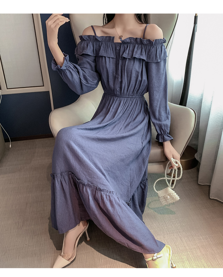 VK旗艦店 韓系超仙細肩帶一字領收腰長版顯瘦長袖洋裝