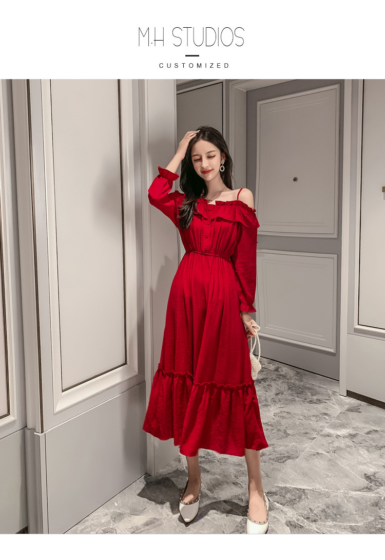 VK旗艦店 韓系超仙細肩帶一字領收腰長版顯瘦長袖洋裝