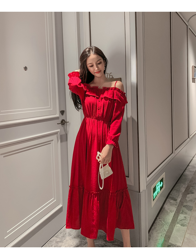 VK旗艦店 韓系超仙細肩帶一字領收腰長版顯瘦長袖洋裝