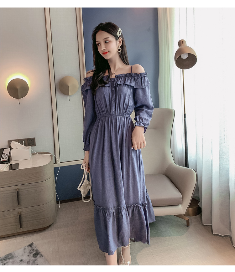 VK旗艦店 韓系超仙細肩帶一字領收腰長版顯瘦長袖洋裝