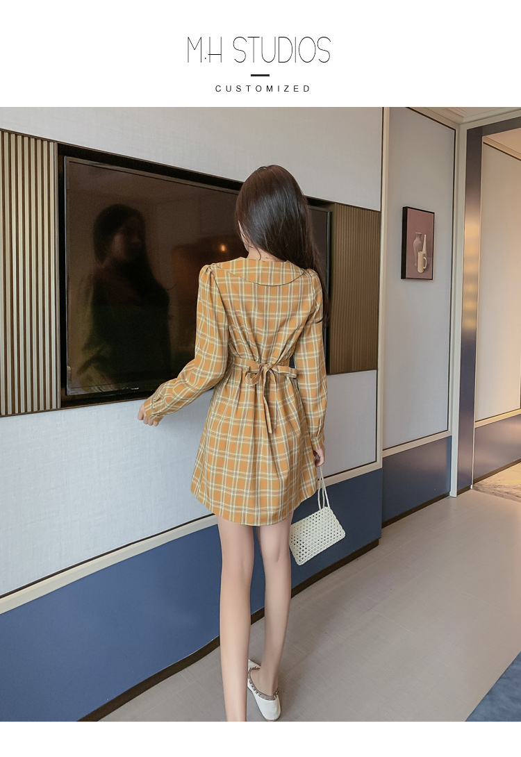 VK旗艦店 韓系西裝V領雙排扣收腰格子西裝短版長袖洋裝