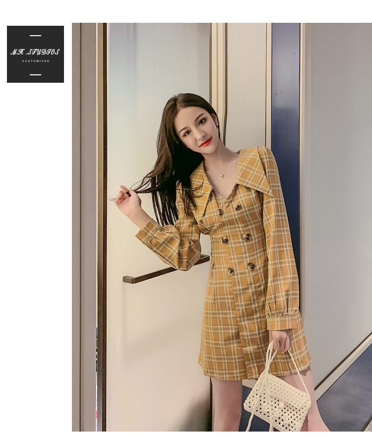 VK旗艦店 韓系西裝V領雙排扣收腰格子西裝短版長袖洋裝