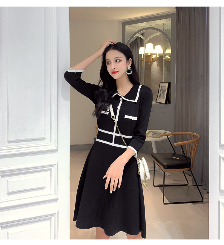 VK旗艦店 韓國復古小香風收腰針織七分長袖洋裝