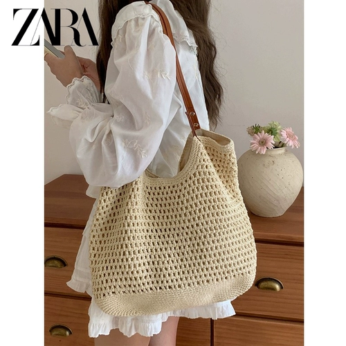 ZARA Соломенная сумка через плечо, сумка на одно плечо, пляжная плетеная вместительная и большая барсетка