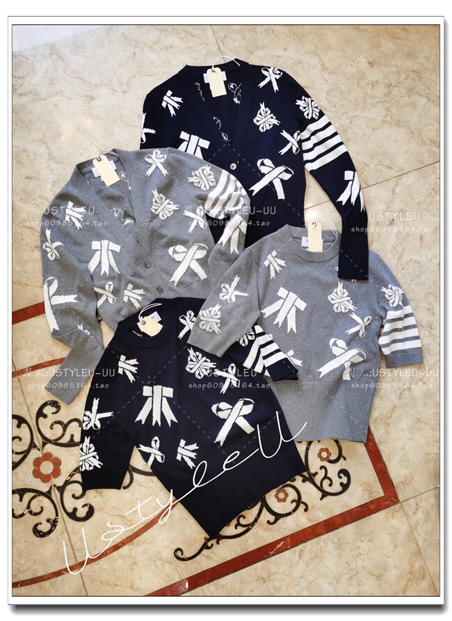 tb Italian women's 4-bar bow cardigan pullover half sleeve gray navy blue