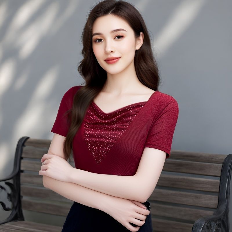2026 New Summer High-End Style Drapey V-Neck Design Short-Sleeve Slimming Lace Mesh Top Trendy