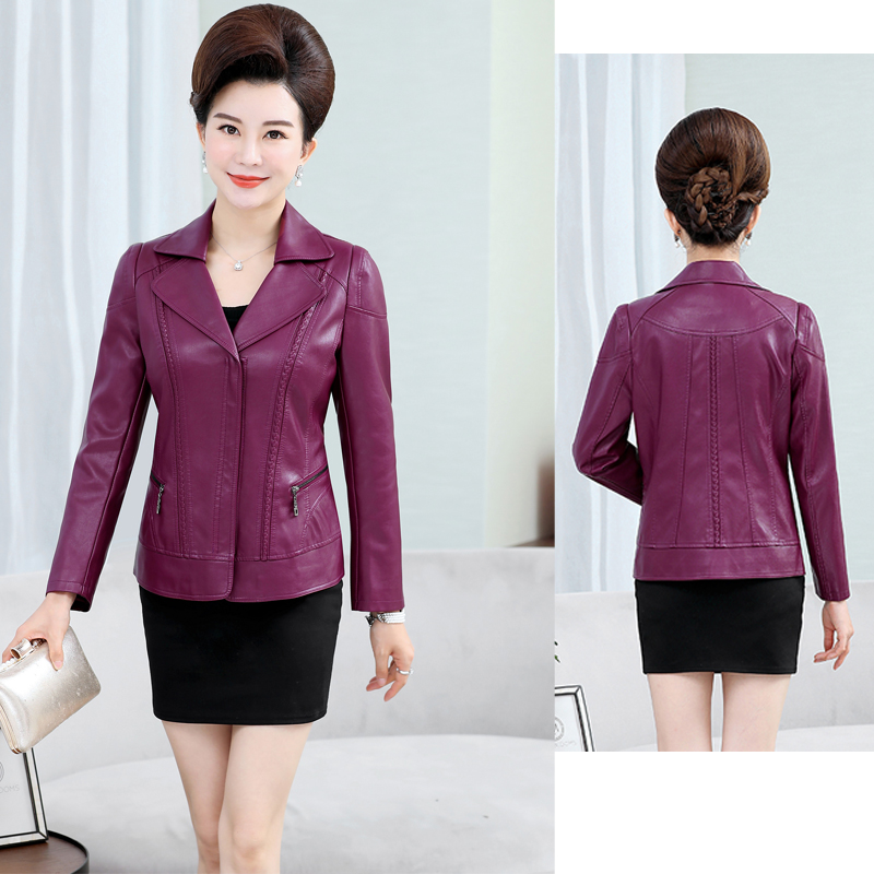 Mẹ Xuân Thu Coat Pu Da của phụ nữ ngắn áo khoác 40-50 Trung niên áo khoác da cho phụ nữ Máy Zipper nữ